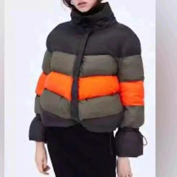 [S] Zara short puffer coat black orange green quilted color  blocking - Picture 3 of 12